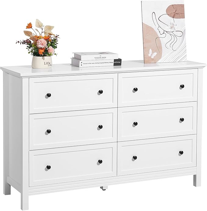 VEVOR 6 Drawer White Dresser, Wood Dresser Chest of Drawers with Middle Sliding Leg, Closet Storage Clothes Organizer for Bedroom, Living Room, Hallway, Entryway, Wide Drawer with Metal Handles