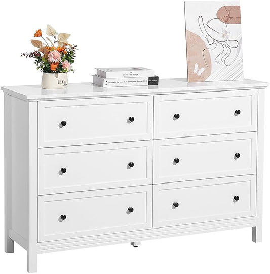 VEVOR 6 Drawer White Dresser, Wood Dresser Chest of Drawers with Middle Sliding Leg, Closet Storage Clothes Organizer for Bedroom, Living Room, Hallway, Entryway, Wide Drawer with Metal Handles