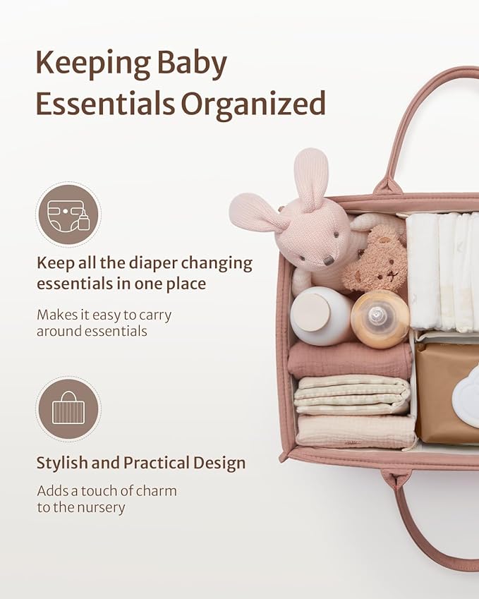 Blissful Diary Baby Diaper Caddy Organizer, Stylish Storage Basket for Newborn Essentials and Diaper Station, Gift for Baby Shower and Registry Must-Have, Blush Pink