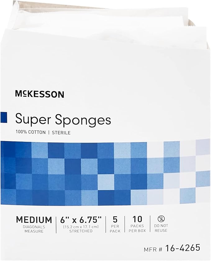 McKesson Super Sponges, Sterile, 100% Cotton, Fluff Dressing, 6 in x 6 3/4in, 5 per Pack, 10 Packs, 50 Total