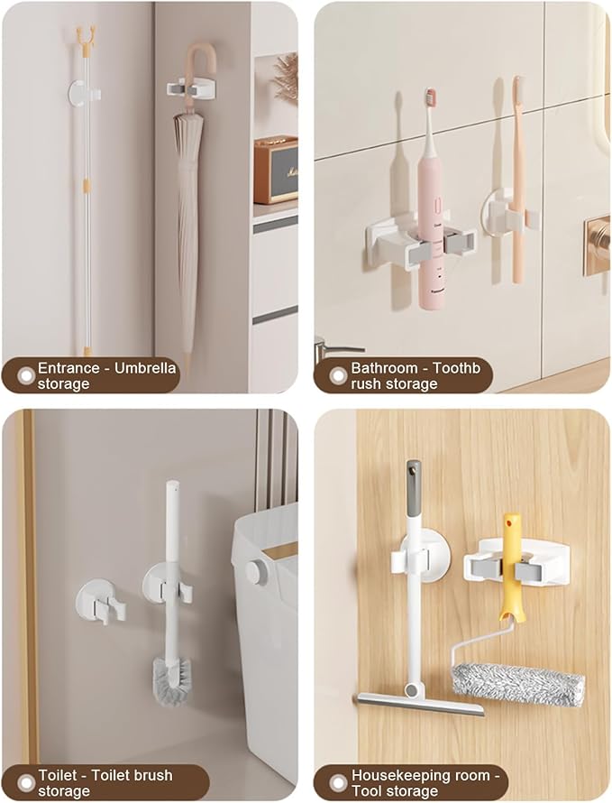 Heavy Duty Mop & Brooms Holder Wall Mounted Not Drill Rack Large Capacity Mop Clip Bathroom Mop Holder Simple Installs