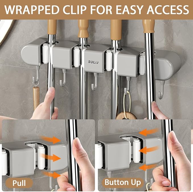 Mop Broom Holder Wall Mounted, 5 Racks and 4 Hooks Punch Free Mop and Broom Holder Wall Mount Broom Rack, Heavy Duty Hooks Self Adhesive Solid Non-slip for Home Kitchen Garden Laundry (3, Grey)