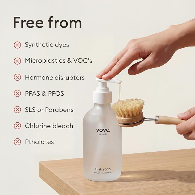 Vove Dish Soap Starter Set with Refillable Glass Pump Bottle & 3 Refills, Bergamot Mint & Basil, Powder-to-Gel Dishwashing Liquid, Plant-Based Concentrated Formula, Plastic-Free Packaging