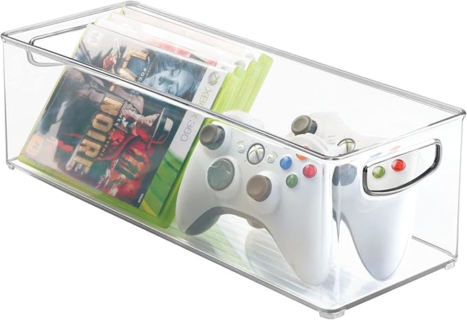 mDesign Plastic Video Game and DVD Storage Organizer - Game and Movie Disc Holder Bin with Handles for Home Media Console Stand and Closet Shelf - Ligne Collection - 8 Pack - Clear