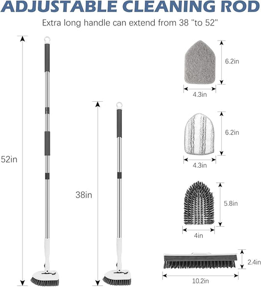 SetSail 4-in-1 Tile Tub Floor Scrubber with 52-inch Long Adjustable Handle Shower Cleaner Brush with V-Shaped Grout Brush and 3 Replacement Brush Heads for Bathroom Kitchen Walls Tub Tile, White Grey