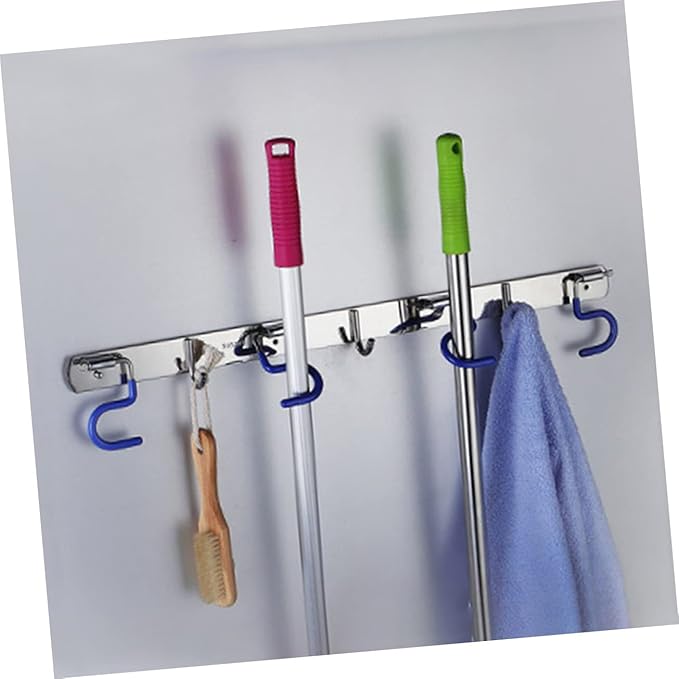 304 Stainless Steel Mop Broom Holder Wall-Mounted Organizer Hooks Heavy Duty Mop Hanger for Kitchen and Bathroom Easy Installation No Drill Required