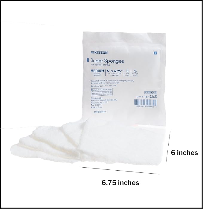 McKesson Super Sponges, Sterile, 100% Cotton, Fluff Dressing, 6 in x 6 3/4in, 5 per Pack, 10 Packs, 50 Total