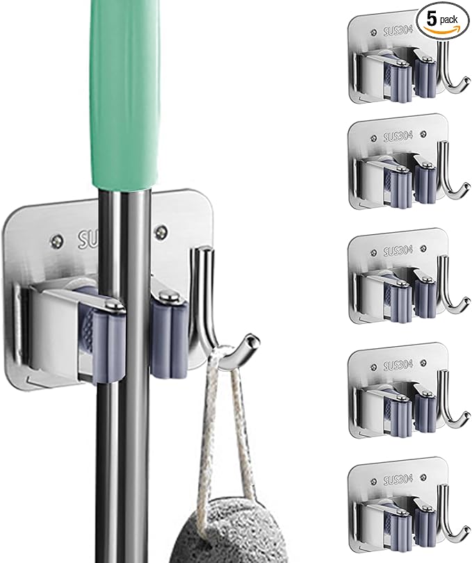 5 Pack Mop Broom Holder Wall Mount Screw Drilling, Stainless Steel Heavy Duty Organizer Hanger Tool Rack for Bathroom Kitchen Garage Laundry Office, Silver