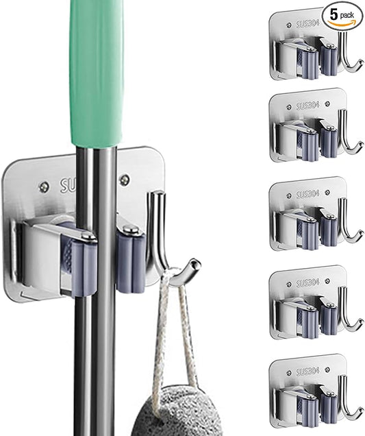 5 Pack Mop Broom Holder Wall Mount Screw Drilling, Stainless Steel Heavy Duty Organizer Hanger Tool Rack for Bathroom Kitchen Garage Laundry Office, Silver