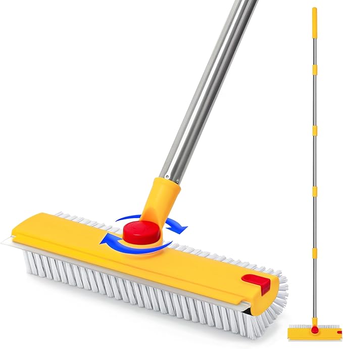 64in Floor Scrub Brush with Long Handle,3 in 1 Hard Bristle Cleaning Brush with Scraper and Tweezers for Household Cleaning, Bathroom, Swimming Pool, Garage, Windows, Walls, and Terrace Decks