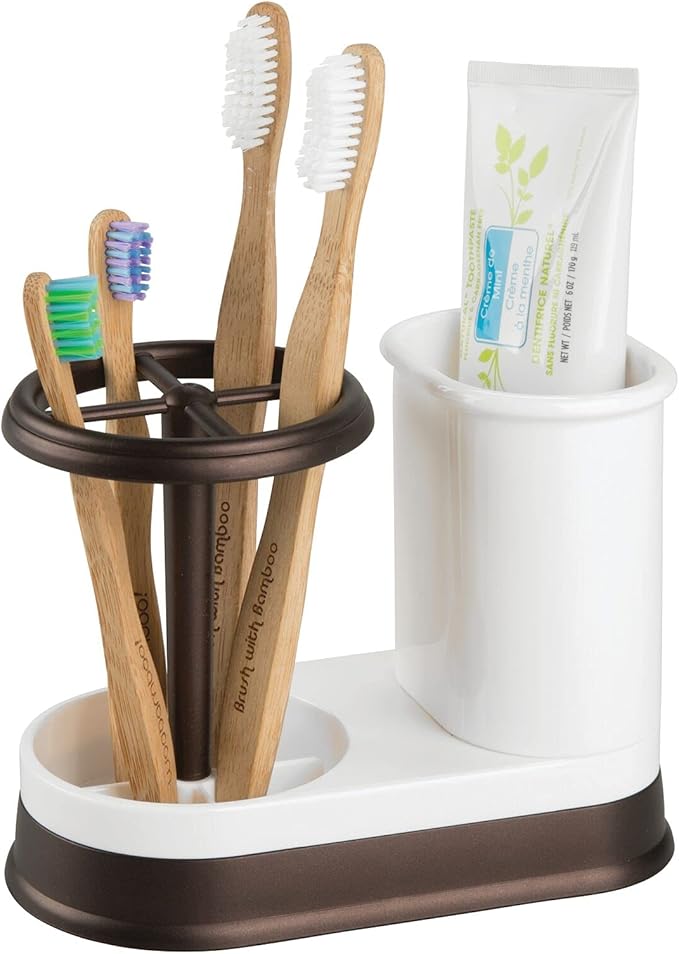 mDesign Decorative Bathroom Dental Storage Organizer Holder Stand for Electric Spin Toothbrush/Toothpaste - Compact Design for Countertop and Vanity, Holds 4 Standard Brushes - White/Bronze
