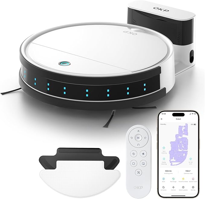 OKP Robot Vacuum Cleaner K5B, Super Thin, Powerful Suction, Cleaning Schedules, Self-Charging, Robotic Vacuums with Wi-Fi/App/Alexa Control, Ideal for Pet Hair Carpets Hard Floors