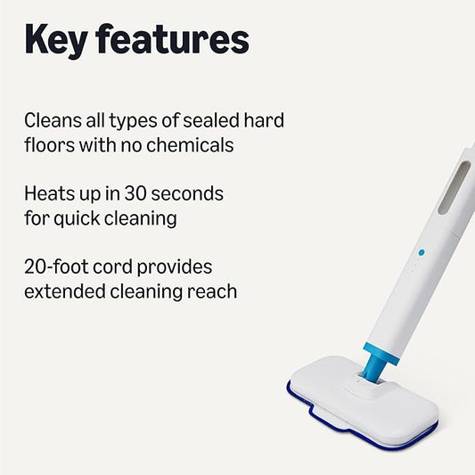 Amazon Basics Steam Mop for Hard Floor Cleaning with 20-Foot Cord, 3 Washable Pads, White