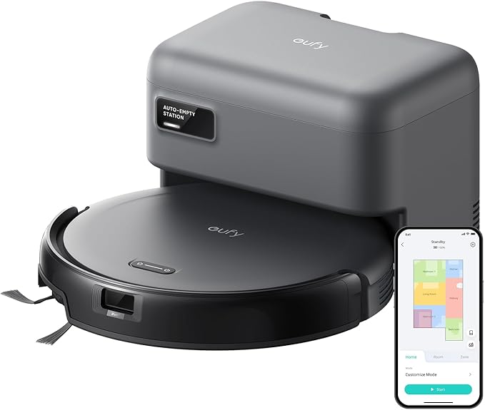 eufy Like-New C10 Robot Vacuum Self Emptying, 8 Weeks Hands Free, Advanced Smart Mapping with LiDAR Navigation, 2.85-Inch Slim Design, Powerful Suction, Edge Expansion Brush for Pet Hair（Renewed）