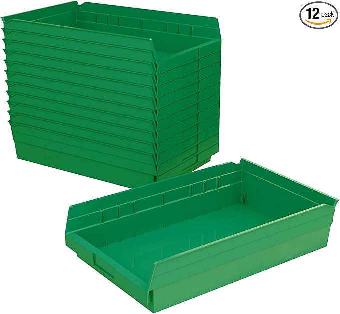 Akro-Mils 30178 Plastic Shelf Bins, Heavy Duty Storage Bins for Garage, Closet, and Drawer Organization, 18-Inch x 11-Inch x 4-Inch, Green, 12-Pack