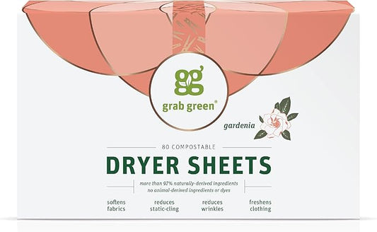 Grab Green Dryer Sheets, 80 Sheets, Gardenia Scent, Plant and Mineral Based, Compostable, Softens Fabrics, Reduces Static Cling and Wrinkles