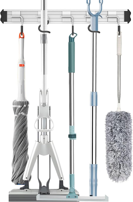 QcoQce Broom Holder Wall Mounted Garden Tool Rack Organizer, Modern Style,Movable Aluminum Alloy Wall Mounted Hook 1 Pack,Storage Gift for Bathroom,Closet,Laundry Room,Garage,Tool Room(Black)