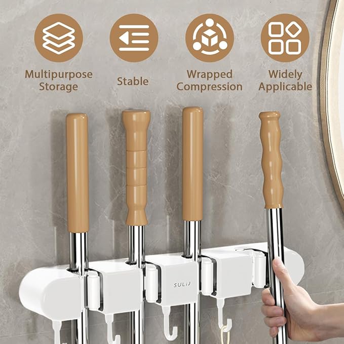 Mop Broom Holder Wall Mounted, 5 Racks and 4 Hooks Punch Free Mop and Broom Holder Wall Mount Broom Rack, Heavy Duty Hooks Self Adhesive Solid Non-slip for Home Kitchen Garden Laundry (2, White)