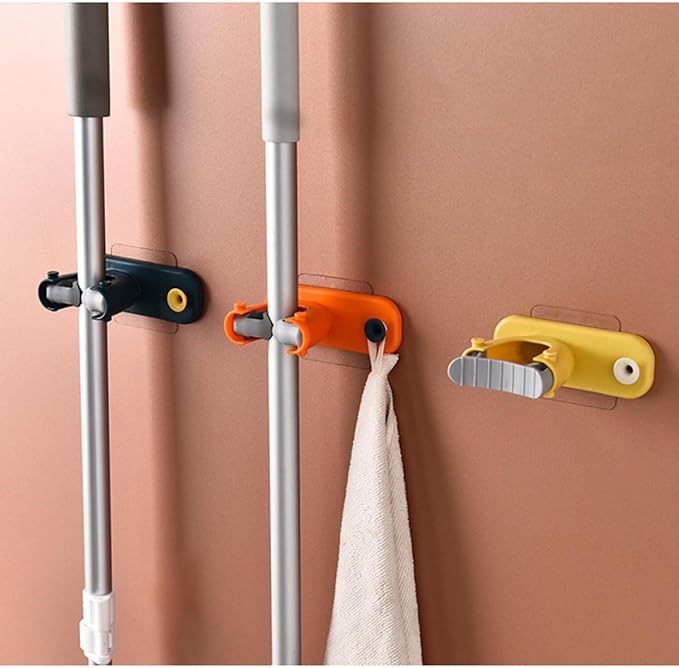 PRETYZOOM 4pcs Blue Punch Wall Mounted Mop Holder and Broom Organizer Self-adhesive Hooks for Bathroom Kitchen and Garage Storage