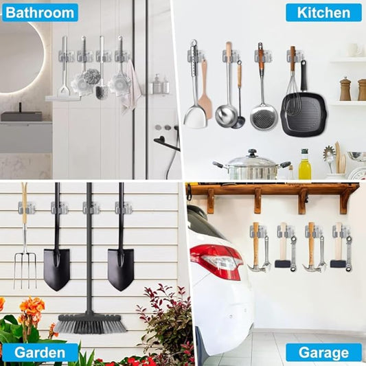 3-piece Stainless steel broom and mop multifunctional bracket hook - self-adhesive, no drilling required - universal for kitchen, bathroom, and garden (silver)