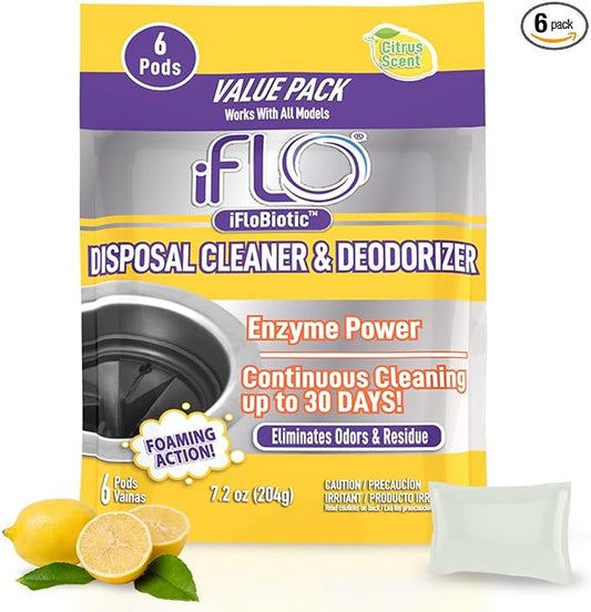 iFLO Foaming Garbage Disposal Cleaner Pods with iFLOBiotic – Powerful Garbage Disposal Foaming Action for Sink, Food Waste & Odor Removal – Disposal Cleaner Pods, 6 Pack