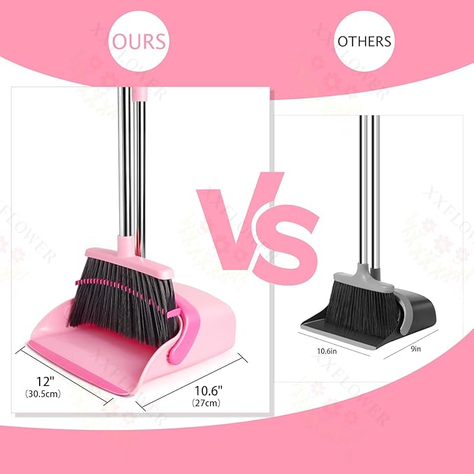 Broom and Dustpan Set, Dustpans with Broom Combo for Home, Heavy Dust Broom and Dustpan Combo, Long Handle Dust Pan and Broom Set for Kitchen, Office, Pet Hair,Pink, Pack of 1
