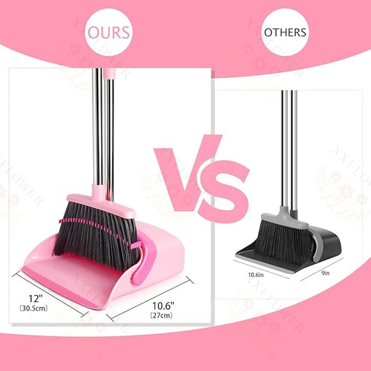 Broom and Dustpan Set, Dustpans with Broom Combo for Home, Heavy Dust Broom and Dustpan Combo, Long Handle Dust Pan and Broom Set for Kitchen, Office, Pet Hair,Pink, Pack of 1