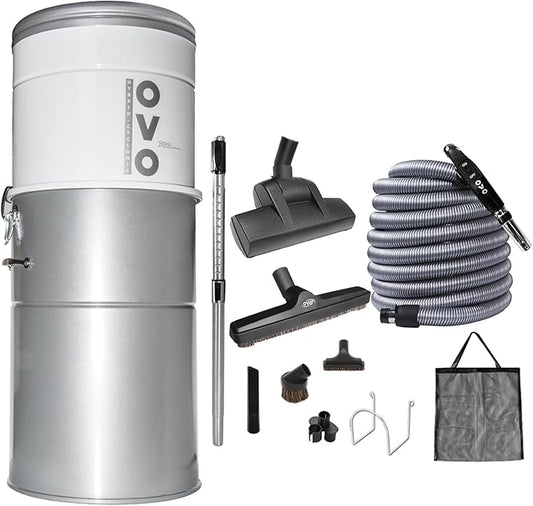 OVO Heavy Duty Powerful Central Vacuum System, Hybrid Filtration (with or Without Disposable Bags) 35L or 9.25Gal, 750 Airwatts with 40ft Deluxe Plus Accessory kit Included