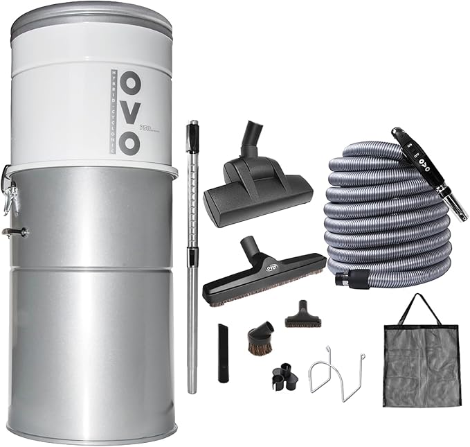 OVO Heavy Duty Powerful Central Vacuum System, Hybrid Filtration (with or Without Disposable Bags) 35L or 9.25Gal, 750 Airwatts with 35ft Deluxe Plus Accessory kit Included
