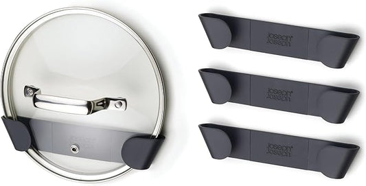 Joseph Joseph Cupboard Store - Set of 4 Pot and Pan Lid Holders Self Adhesive Wall Mount Storage Organizer, Suitable for Lids Up to 9 in , 3M VHB Tape Included, Gray