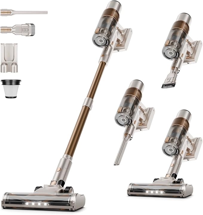 Cordless Vacuum Cleaner, 550W/45KPA Powerful Suction Cordless Stick Vacuum Cleaners for Home, Anti-Tangle Brush, Lightweight, 6-IN-1 Rechargeable Vacuum for Pet Hair/Carpet/Hard Floor(Off-White)