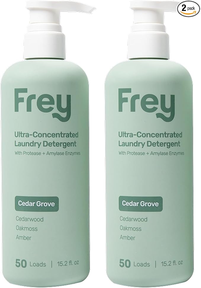 FREY Concentrated Liquid Laundry Detergent | Formulated for Sensitive Skin & HE Washers | Removes Stains Effectively | 50 Loads per Bottle (2-pack Cedar Grove)