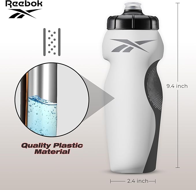 Reebok Squeeze Water Bottles With Athletic Design - Water Bottle 24 oz - Sports Water Bottle - Reusable Water Bottle For Gym, Running, Hiking etc, BPA Free (White)