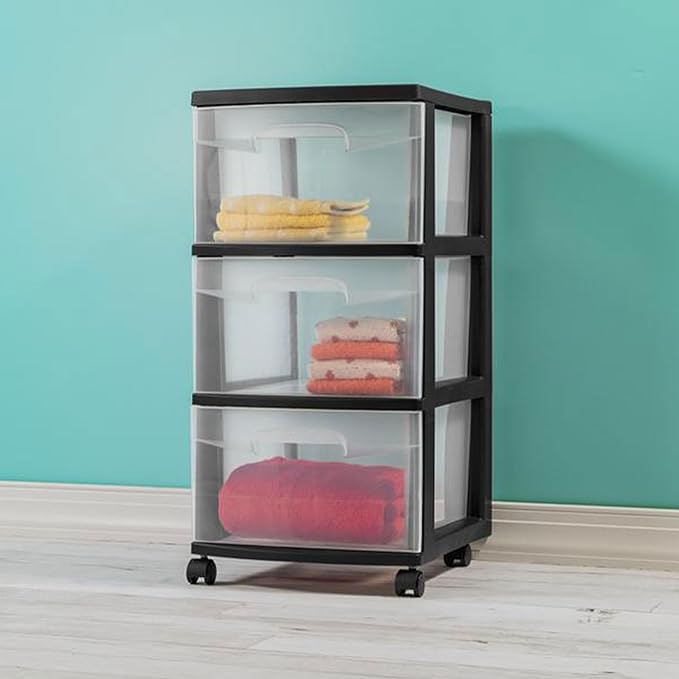 Sterilite 2 Pack Plastic Storage Organizer, 3 Drawer Rolling Bin Cart, Closet Organization, Black