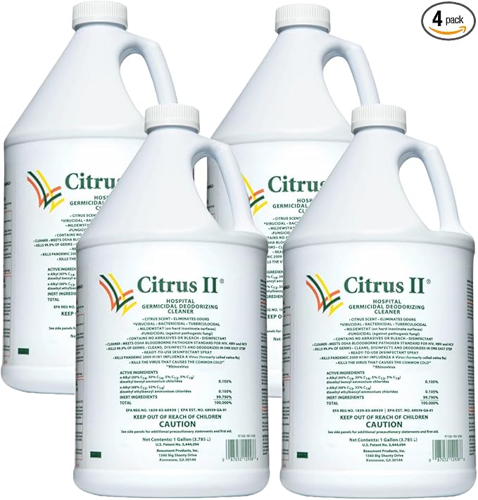 Citrus II Hospital Germicidal Deodorizing Cleaner - Fresh Citrus Scent - 1 Gallon - Refill - Disinfecting Cleaner - Pack of 4