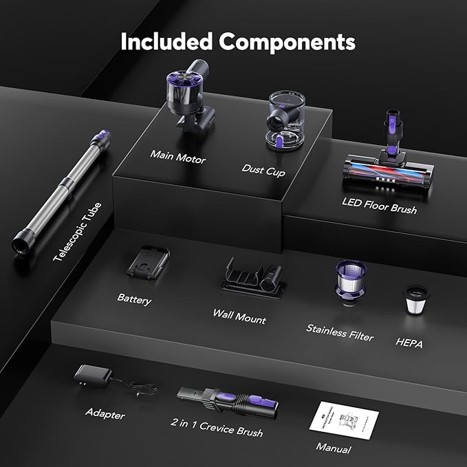 Cordless Vacuum Cleaner for Home, 80,000PRM Powerful 4 in 1 Lightweight Stick Vacuum with 2 Adjustable Suctions, Max 40 Mins Runtime, 2600mAh Rechargeable Vacuum Cleaners (Ink Purple)