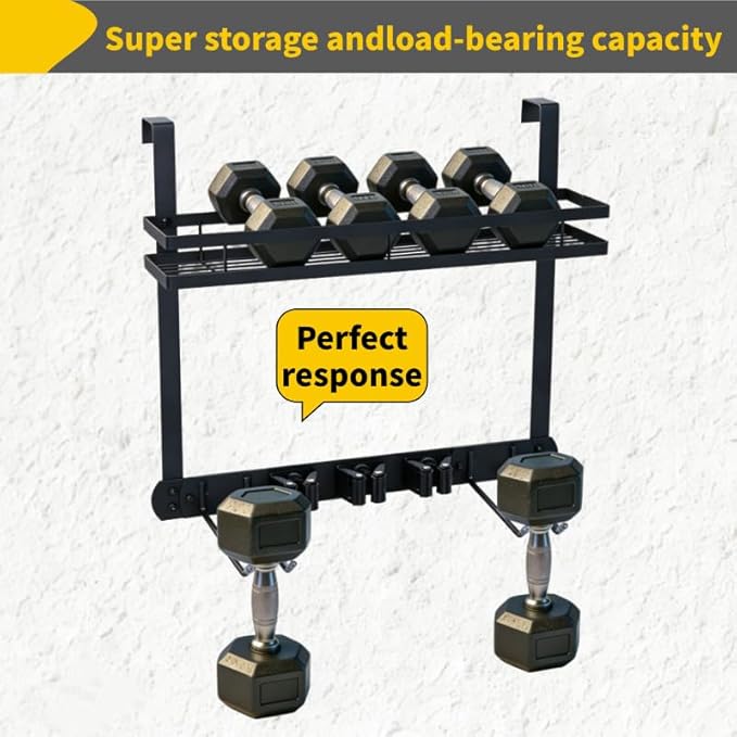 Broom Holder Door Mount,Door Mounted Broom and Mop Holder with Dual Tool Hooks, Three Slots, and One Tool Storage Basket For Laundry Room, Garage, Closet, warehouse, Kitchen Decor (black)
