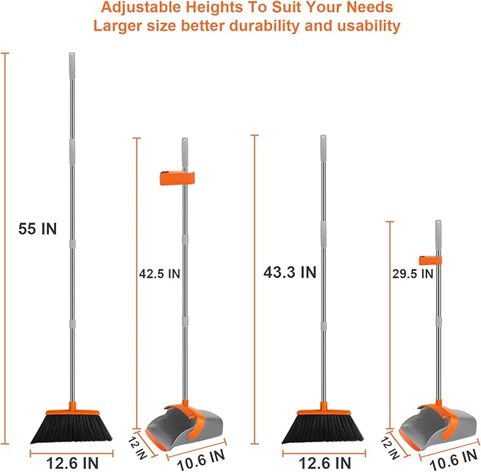 Broom and Dustpan Set, Large Broom with Dustpan Combo Set, 55" Long Handle Heavy Duty Industrial Dust pan Set for Classroom Lobby Home