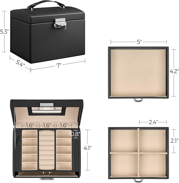 SONGMICS 3-Tier Jewelry Box, Travel Jewelry Case with Handle, 2 Drawers, Lockable Jewelry Organizer with Mirror, Jewelry Storage, Modern Style, Gift for Loved Ones, Black UJBC154B01