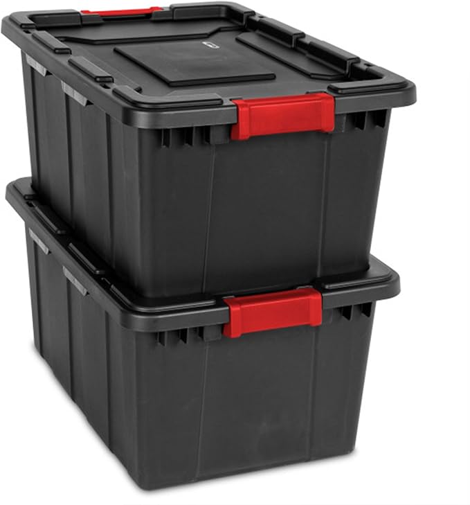 Sterilite 12-Pack Industrial Tote, Plastic Storage Bins with Lids, 27 Gallon, Black - Heavy-Duty Organizing Containers for Closet, Bathroom, and Office