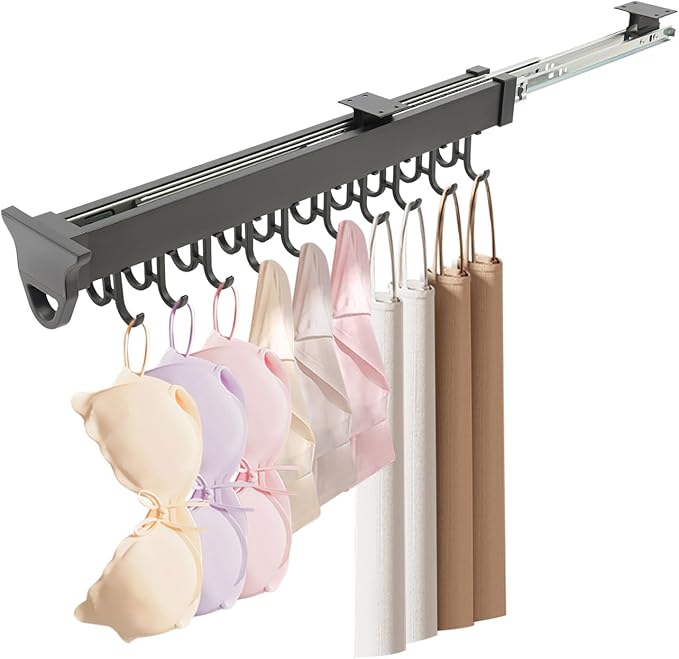 Pull Out Broom Holder Wall Mount, 20-Hook Slide Rail Organizer with Damping System, 66lb Heavy Duty Brooms and Mops Pull Out Storage Rack for Brooms/Mops/Clothes, Laundry Room & Kitchen, Black