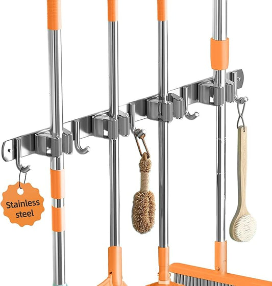 Broom and Mop Holder Wall Mount, Broom Organizer Wall Mount, Stainless Steel Broom Hanger for Home，Kitchen ，Garden，Laundry Garage (4 Racks with 5 Hooks)