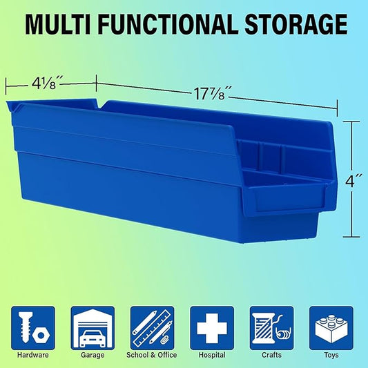 Akro-Mils 30128 Plastic Shelf Bins, Heavy Duty Storage Bins for Garage, Closet, and Drawer Organization, 18-Inch x 4-Inch x 4-Inch, Blue, 12-Pack