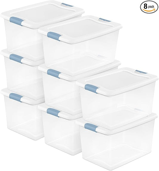 Sterilite 8 Pack Latching Box, 64 Qt Plastic Storage Container, Stackable Large Home or Office Tote Organizers with Secure Lids, White