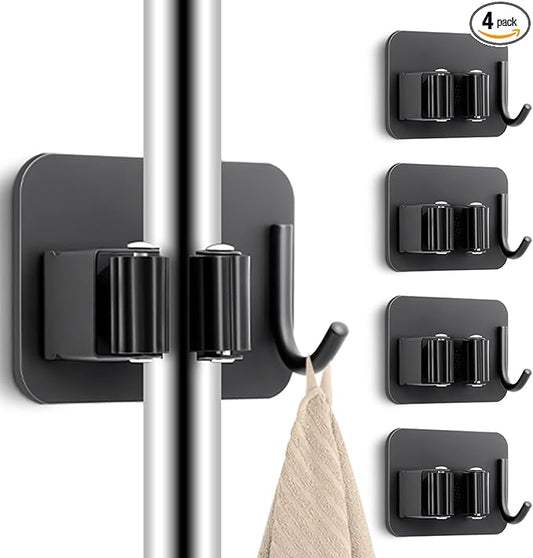 Batur 4 Pack Broom Holder Wall Mount, Super Anti-Slip Mop and Broom Holder Wall Mount, Self Adhesive Broom Organizer Hanger Gripper for Bathroom, Kitchen, Laundry Room Storage, Black