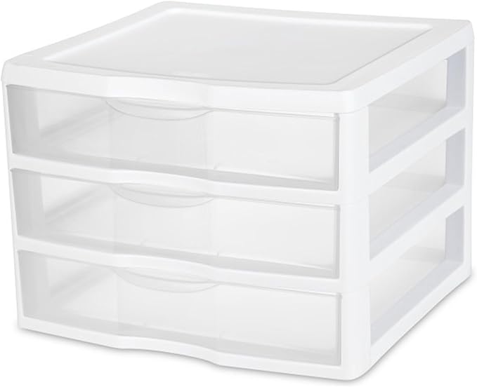 Sterilite 9-Pack Wide 3 Drawer Unit, Plastic Desktop Organizer with Clear Drawers, White Frame - Stackable Multi-Purpose Storage for Office Supplies, Craft Rooms, Classrooms and Home Organization