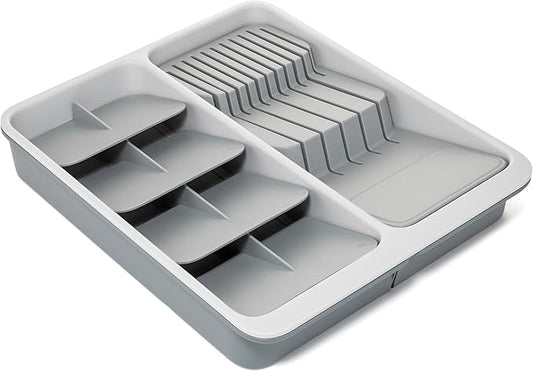 Joseph Joseph DrawerStore Expanding Tiered Flatware Cutlery Tray with Knife Organizer, Expandable In-Drawer Space-Saving Kitchen Storage, Recycled Plastic