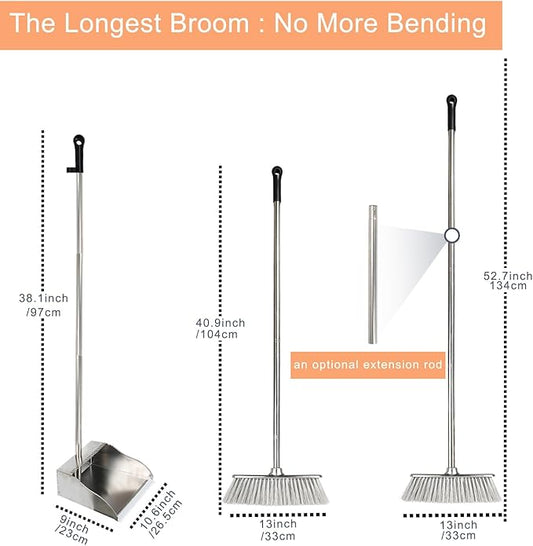 Broom and Dustpan Set,Soft Bristles Indoor Kitchen Broom with Stainless Steel Dustpan ，Metal Dust Pan，Silvery White, Suitable for Ceramic Tiles, Solid Wood, Composite Flooring