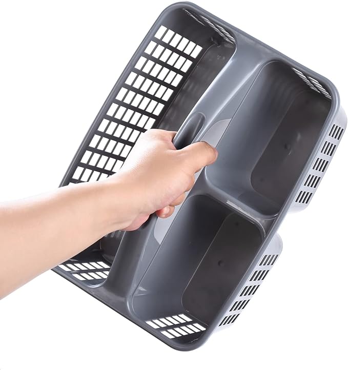 ALINK Plastic Shower Caddy Basket with Compartments, Portable Divided Cleaning Supply Storage Organizer with Handle for College Dorm Bathroom - Gray