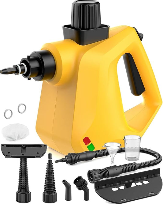 Steam Cleaner, DynVapor Pressurized Deep Cleaning Handheld Steam Cleaner for Home, Multi-Purpose Natural Steamer with 9 PCS Accessories for Kitchen, Car, Furniture, Bathroom, Floor, Grout&Tile(Yellow)